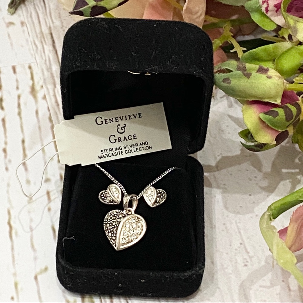 Sterling Marcasite Heart Necklace & Earrings